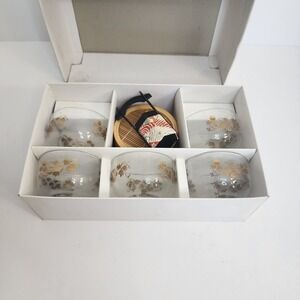 Unbranded Japanese Tea Cup Set Clear Gold‎ Leaf Vine Glass Bamboo 5pc Set